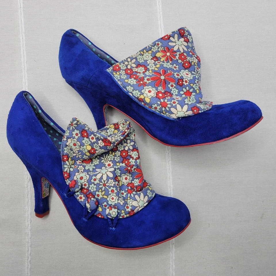 Irregular Choice Flick Flack Azul Gamuza Floral Puño Tacones Mujer’s Talla 9 Retro Foto 4 de 4