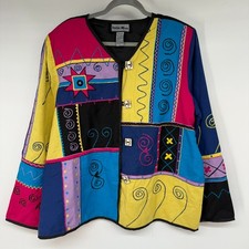 Indigo Moon Blazer Jacket Women L Multicolor Patchwork ButtonUp Embroidered Boho