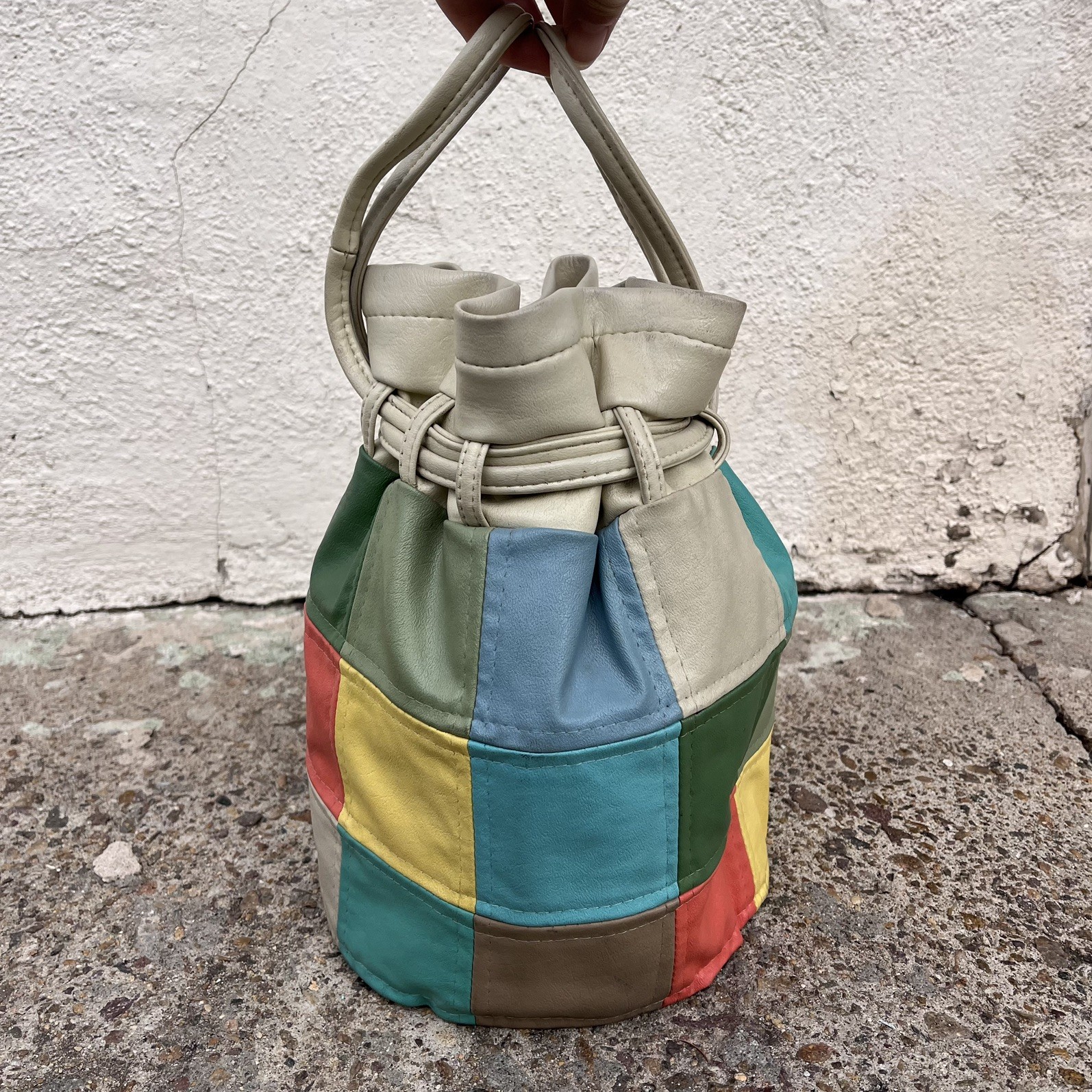 Vintage Mod Retro Patchwork Drawstring  Leather 6… - image 2