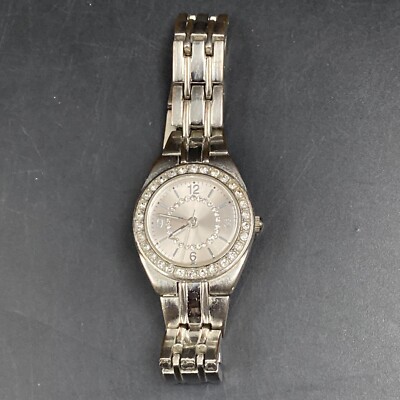 Womens Silver Tone Rhinestone Round Face Bling Link Bracelet Casual Quartz