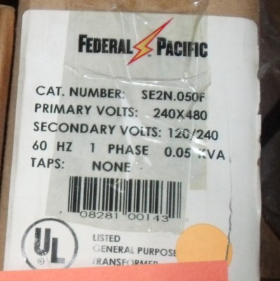 Federal Pacific Electrical Transformer SE2N.050F Pri. 240x480 Sec. 120/240 Volts