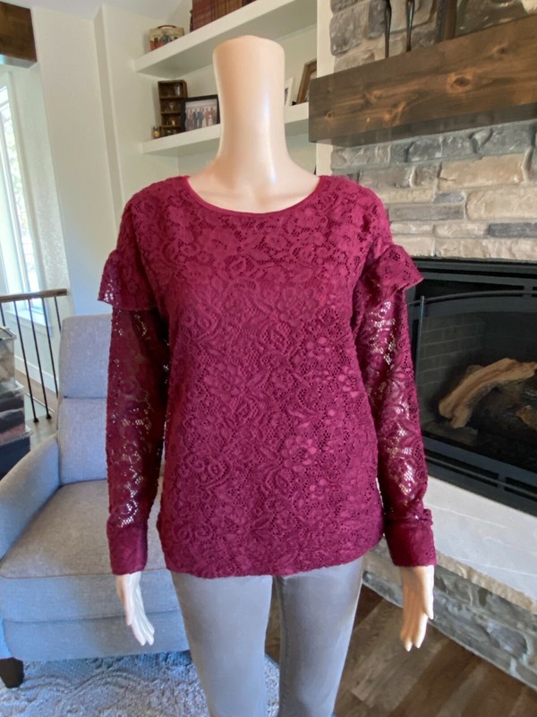Juicy Couture Woman's Size Small Lined Lace Blouse Burgundy Ruffles -NWT- 031