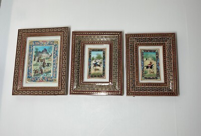 3 - Vintage Miniature Persian Camel Bone? Handmade Painting Hunting Framed Art