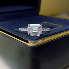 2.5Ct Emerald Cut D Moissanite Solitaire Engagement Ring 14k White Gold Plated