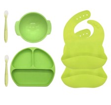Baby Feeding Set Silicone 2Bib,Bowl,2 Spoons,Suction Partition Plate 3 Colors.