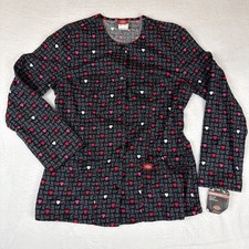 Dickies Scrub Top Womens M NWT Black Pink Hearts Love Print Junior Fit