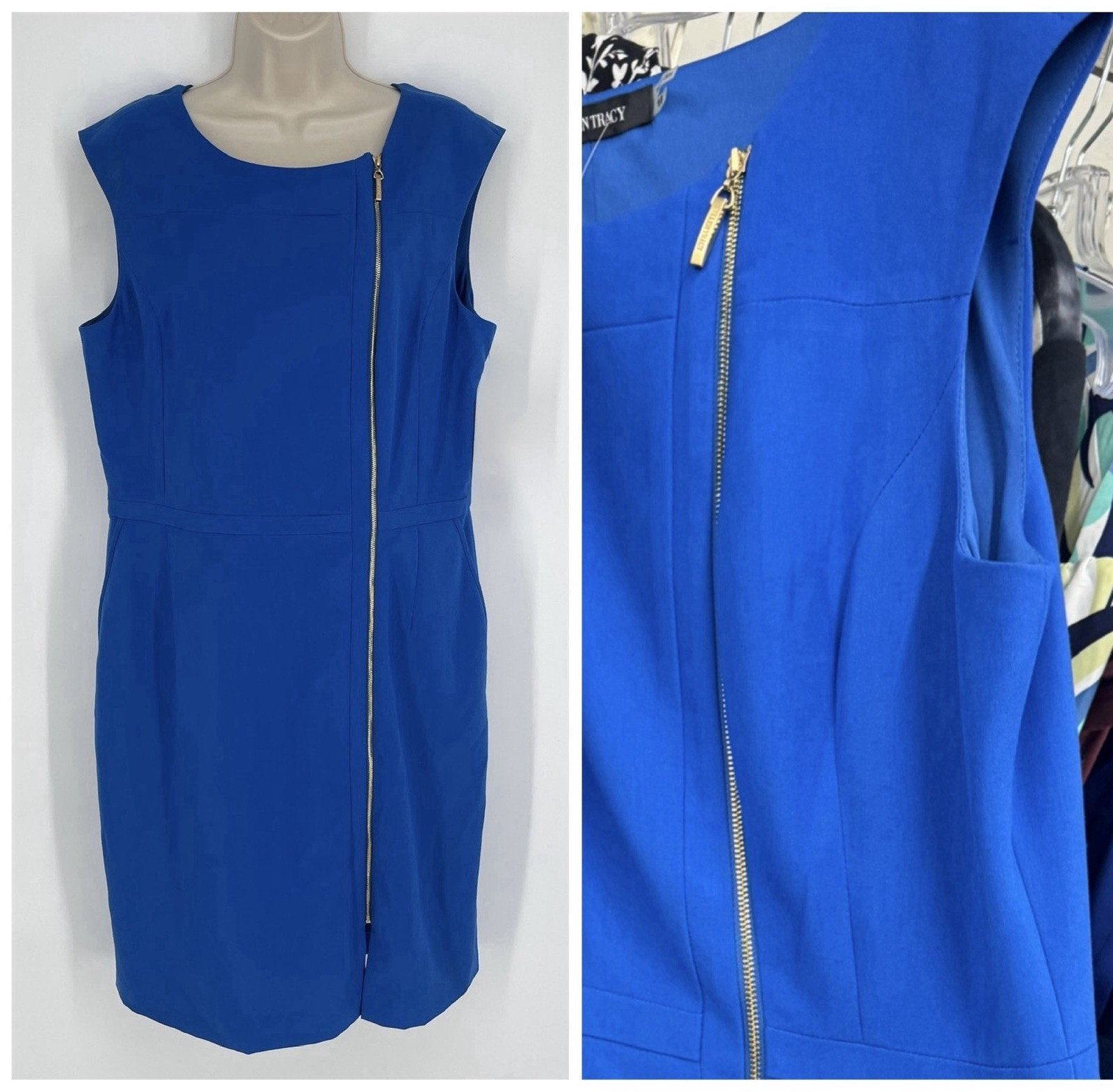Ellen Tracy Lapis Cobalt Blue Offset Gold Zipper Sheath Dress Lined Pockets 10