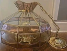 Vintage 90s Tiffany Style Stained Glass Hanging Ceiling Light Fixture Pink Gold