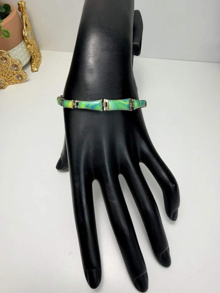 Brazalete Vintage México Plata Esterlina Arte Panel Vidrio Verde Azul Opalino Foto 2 de 4