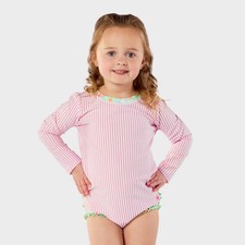 RuffleButts Baby Girls' Seersucker Long Sleeve One Piece Rash Guard Swimsuit -