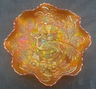 GORGEOUS VINTAGE CARNIVAL FENTON SUPER MARIGOLD PEACOCK AT THE URNRUFFLED BOWL