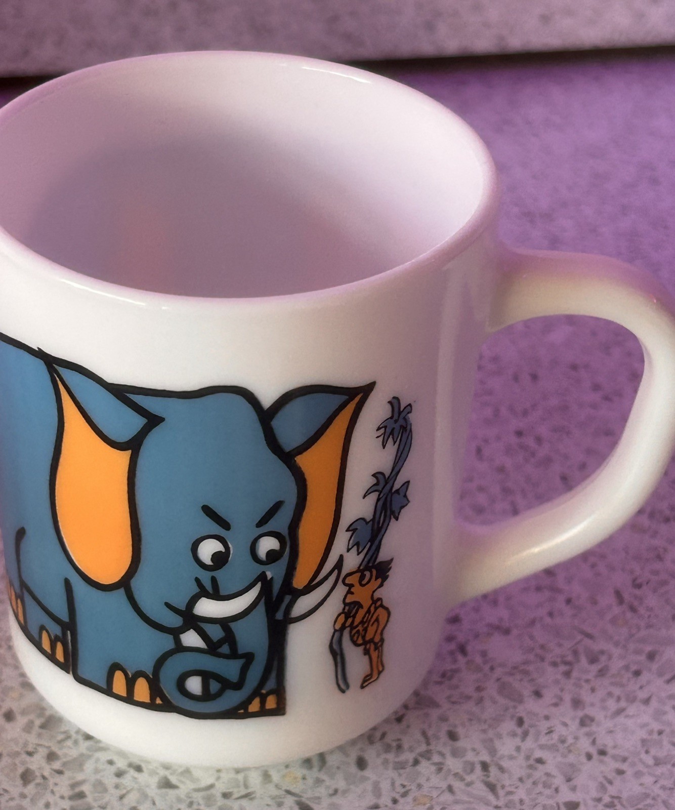 Vintage Retro Arcopal Milk Glass Blue Elephant +Tarzan Mug/Cup RARE VGC