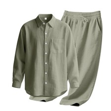 Men's Linen Blend 2-Piece Set Long Sleeve Button-Down Shirt  Drawstring Pants