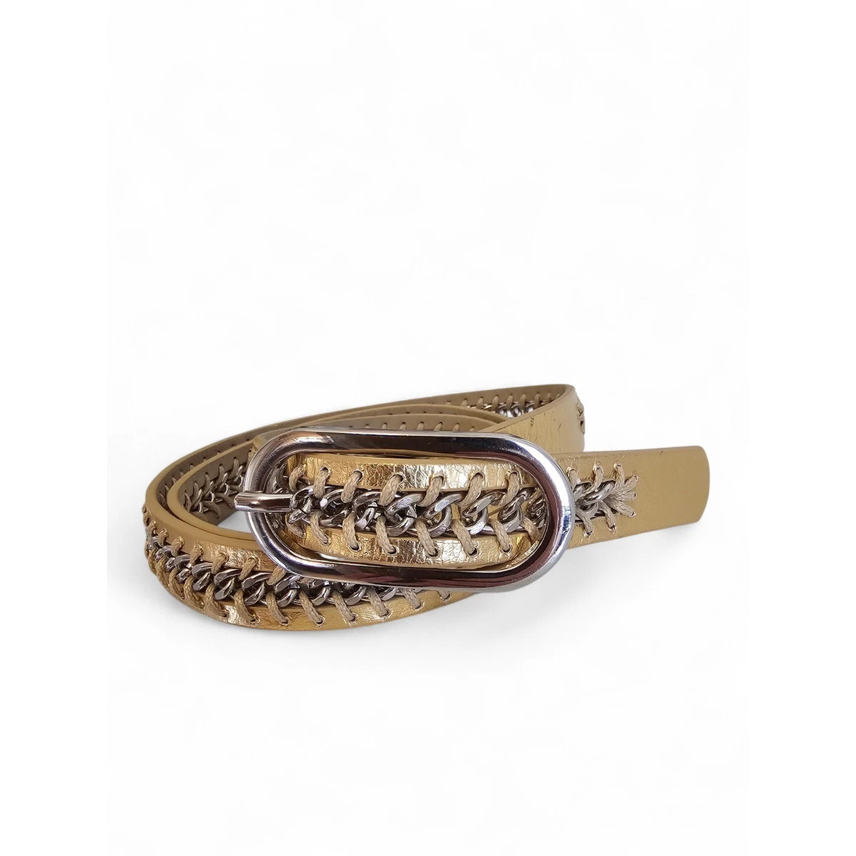 Nine West Boho Hobo Woven Wide Tan Leather Belt‎ Gold Brass Buckle Size M/L 43\