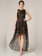 Adrianna Papell Black Gold Metallic Lace High Low Dress Sleeveless Cocktail 6