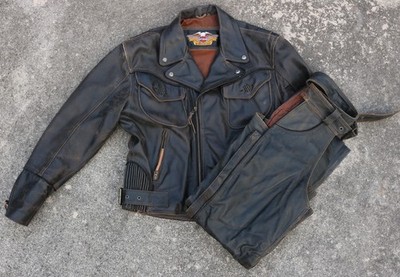 Vintage Harley Davidson Billings Distressed Leather Jacket & Matching Chap LARGE