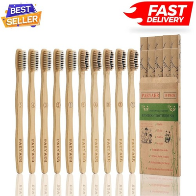 #ad Bamboo Toothbrushes 10 Pack Biodegradable Soft Medium Charcoal Bristles $11.89