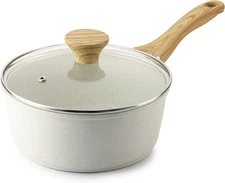 White Ceramic Nonstick Saucepan with Lid 2.5 Quarts, Medium Cooking Pot with Sta