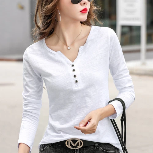 Womens Cotton Long Sleeve T Shirt Loose V Neck Slub Cotton Casual Blouse Tops US - Bild 6 von 49