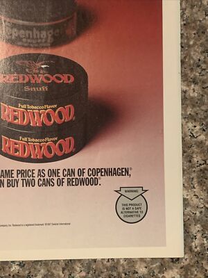 1997 Redwood Snuff Chewing Tobacco PRINT AD 2 Cans Same
