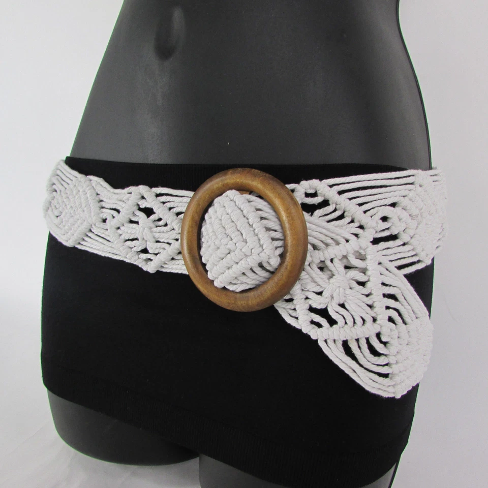Women Beige White Brown Knited Braided Fabric Fashion Belt Round Wood Buckle S M - Image 3 of 4