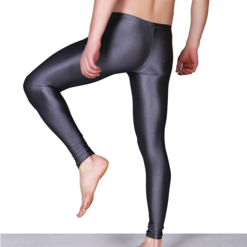 Men's Spandex Leggings Fitness Pants Stretch Low Waist Shiny Tight Gym Wear  Slim