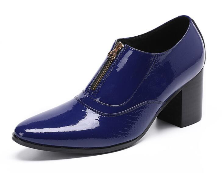 Men's Fashion British Pointy Toe Zipper Patent leather Shoes Block High  Heels