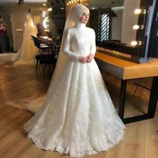 Elegant Muslim Wedding Dresses High Neck Long Sleeves Lace Applique Bridal Gowns
