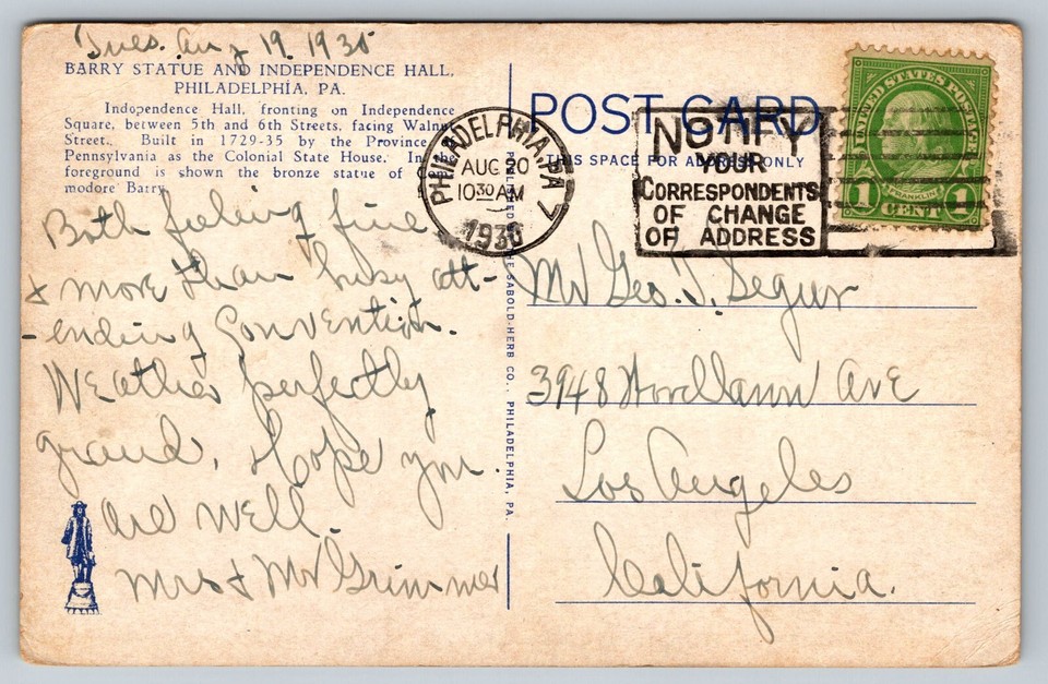 Postcard PA Philadelphia Rear View Independence Hall, Showing Barry