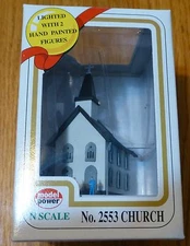 Model Power N #2553 Structure Deluxe Built-Up Lighted w/2 Figures -- Church