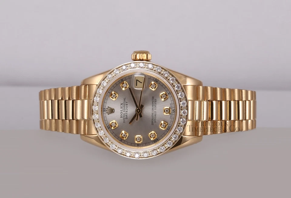 Rolex Lady Datejust 26 mm oro 18k President bisel de diamantes esfera plateada diamante Foto 3 de 4