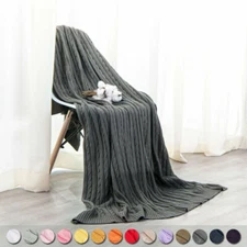 100% Cotton Cable Knit Ultra Soft Warm Solid Color Throw Blanket Size 51 x 67 in