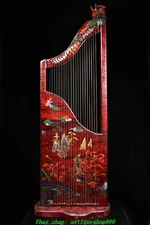 53''Old Wood lacquerware Gilt Painting Beauty Guzheng Qin Musical Instrument