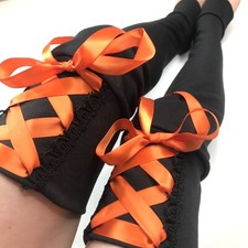 Black Corset Leg Warmers Lace Up Thigh Highs Orange Bow Knee Socks Punk Goth Otk