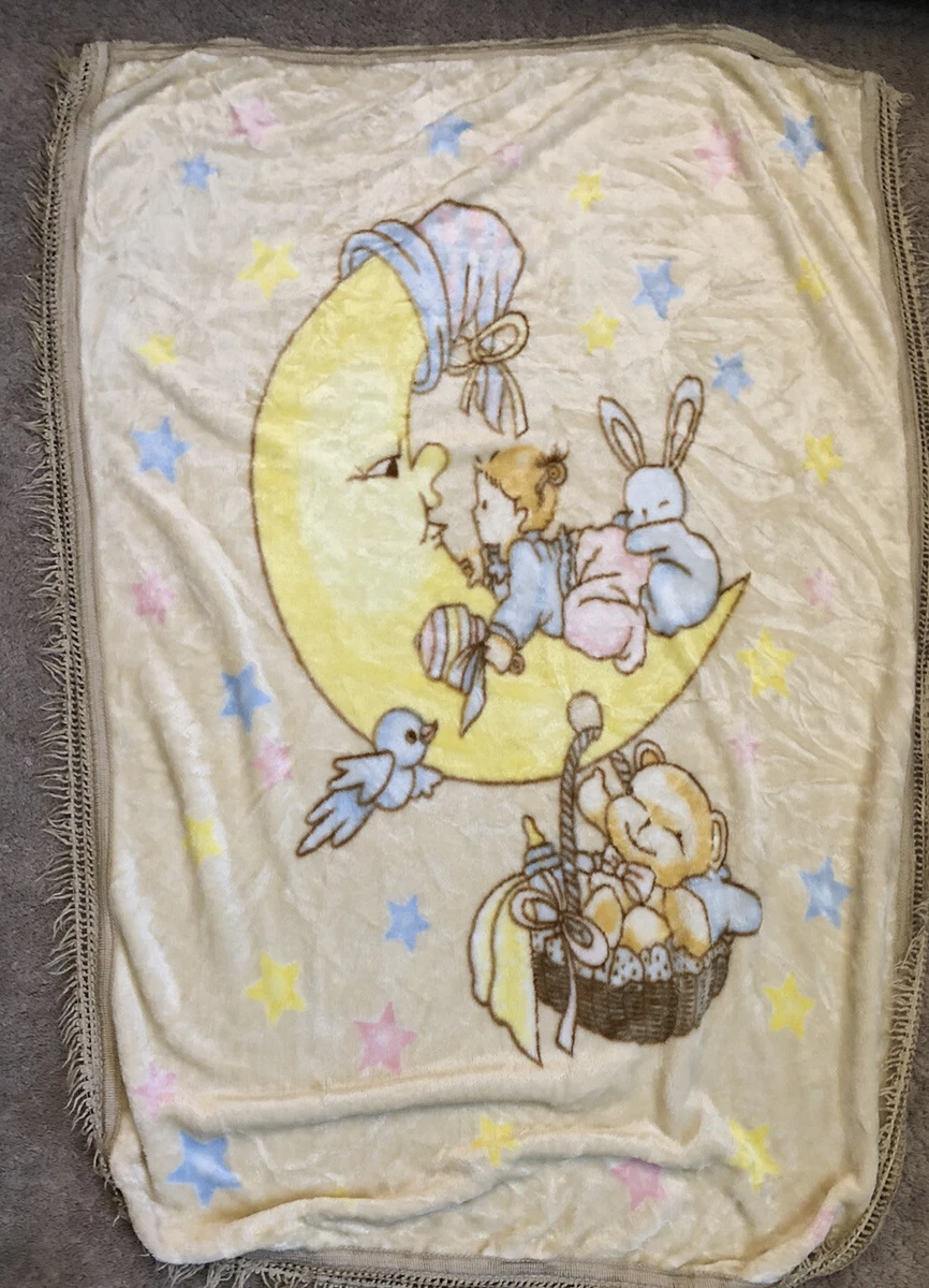 Vintage Baby Throw Blanket 42 By 48 Baby On The Moon Rabbit