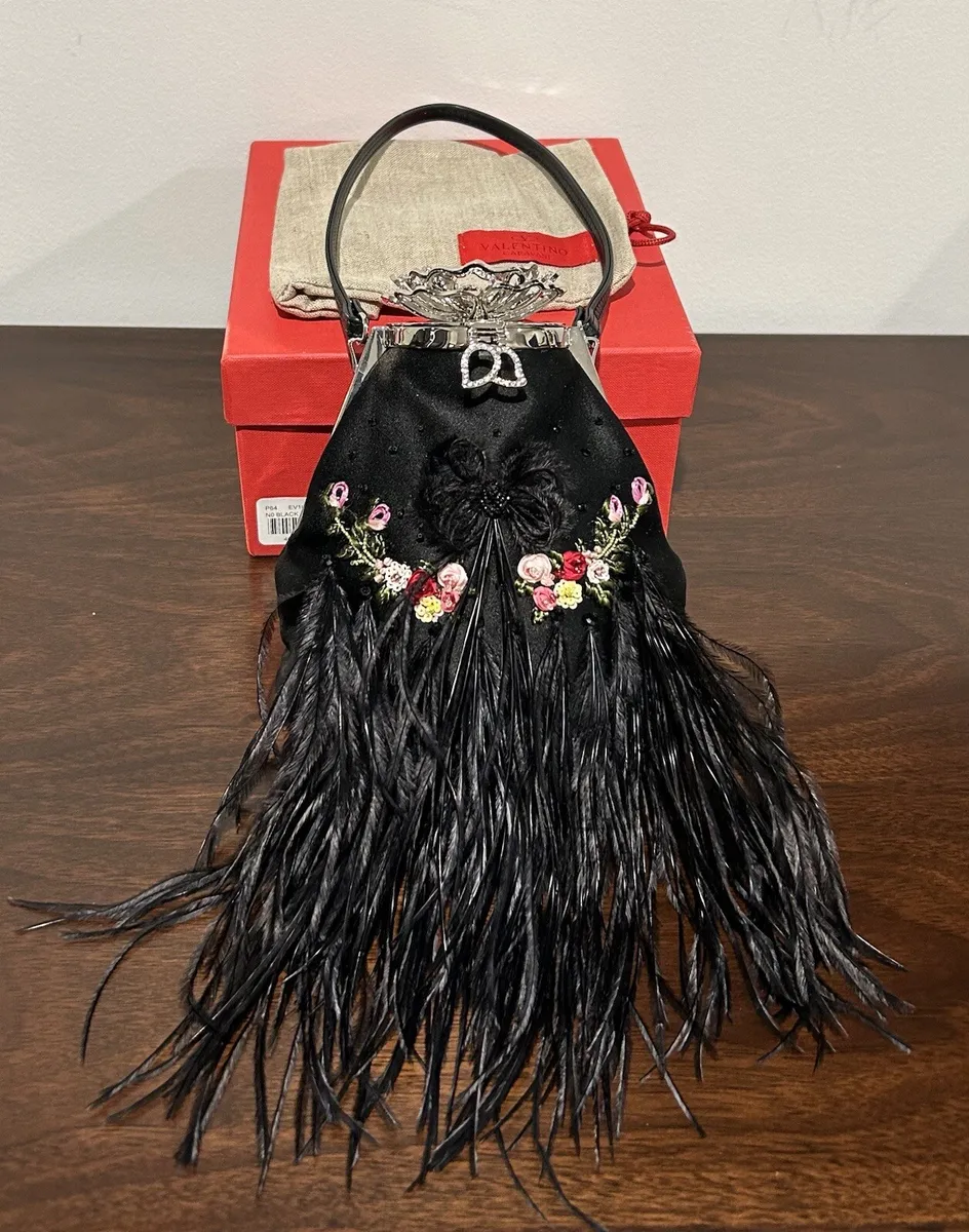 Valentino Garavani Black Satin Evening Bag w Ostrich Feathers