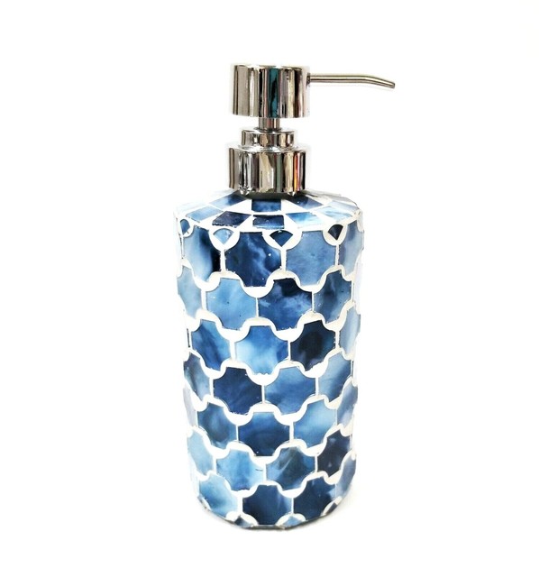 NEW BLUE,NAVY MOSAIC PATTERNED GLASS SOAP DISPENSER,SILVER CHROME PUMP