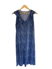 Vintage Gate USA Blue Textured Sleeveless Midi Dress Ruffle Neckline Size Large