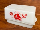 Vintage McKee Milk Glass with Red Sailboat Butter Dish with Lid