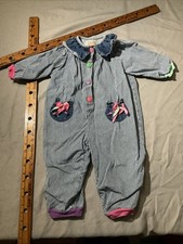 Vtg Threads For kids Youth Coverall Sz 3 Blue Railroad Stripe Button Romper