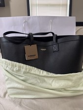 Burberry Black Pebbled Tote Check Lining Zip Gold Hardware Dust Bag Card