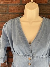 Blue Denim Maxi Dress Small Tie Knot Half Short Sleeve Shift Button Front Pocket