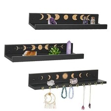 Crystal Shelf with Hooks Set of 3, Moon Shelf Display Wall Mount, Wood Black