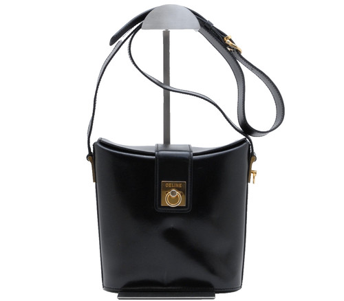 CELINE Vintage Leather Bucket Shoulder Bag Black Gold Crossbody Women CELINE