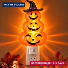 Halloween Night Light Plug In, 3 Stacked Pumpkin Nightlight with Witch Hat, 360