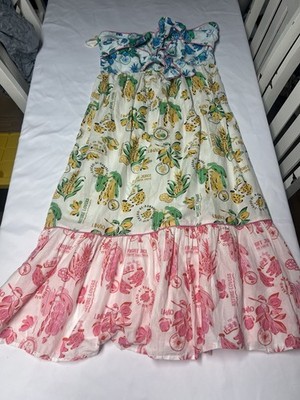 FARM RIO Dress Women XL Paradise Midi Tie Straps Tiered Orange Floral Lemon NWT