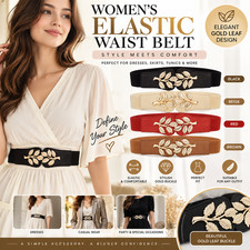 Gold Leaf Elastic Waist Belt for Women Wide Fashion Buckle Dress Skirt