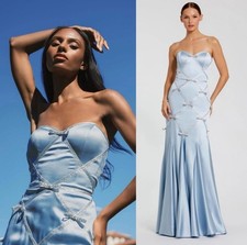 MAC DUGGAL NEW BLUE STRAPLESS SATIN TRUMPET DRESS GOWN WITH SEQUIN BOWS SIZE 6