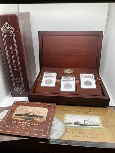 SS Republic Shipwreck Seated Liberty Half Dollars 3 Coin Set With COA and Box