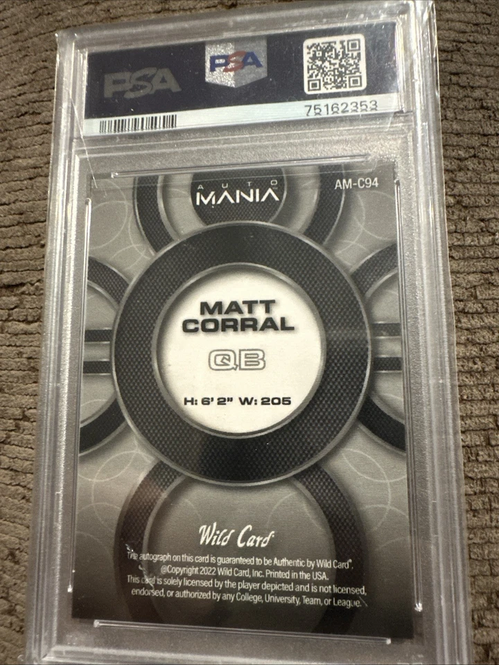 2022 W/c Automania Matt Corral Au-crc-orange Sparkles 88/100 Psa Gem Mint 10 - Image 3 of 3